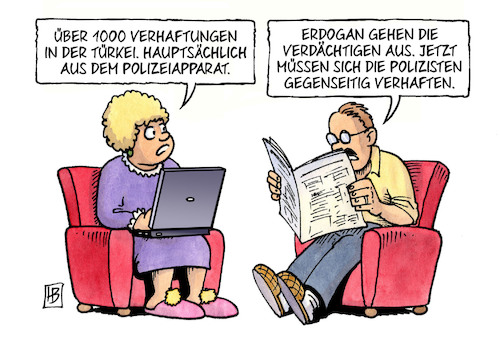 Cartoon: Türkische Polizisten (medium) by Harm Bengen tagged verhaftungen,türkei,polizeiapparat,erdogan,verdächtige,gülen,polizisten,laptop,zeitung,harm,bengen,cartoon,karikatur,verhaftungen,türkei,polizeiapparat,erdogan,verdächtige,gülen,polizisten,laptop,zeitung,harm,bengen,cartoon,karikatur