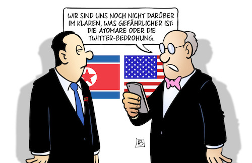 Cartoon: Twitter-Bedrohung (medium) by Harm Bengen tagged atomare,bedrohung,twitter,trump,kim,jong,un,nordkorea,usa,treffen,gipfel,harm,bengen,cartoon,karikatur,atomare,bedrohung,twitter,trump,kim,jong,un,nordkorea,usa,treffen,gipfel,harm,bengen,cartoon,karikatur