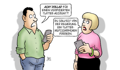 Cartoon: Twitter kostet (medium) by Harm Bengen tagged acht,dollar,kosten,verifizierten,twitter,account,regierung,hilfsschirmchen,musk,handy,harm,bengen,cartoon,karikatur,acht,dollar,kosten,verifizierten,twitter,account,regierung,hilfsschirmchen,musk,handy,harm,bengen,cartoon,karikatur