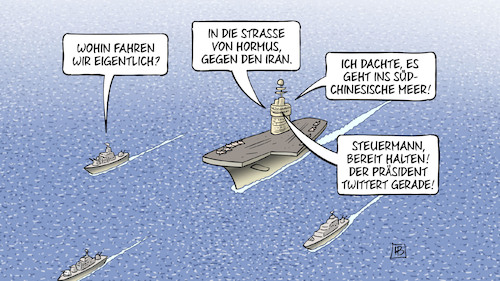 Cartoon: Twitterkurs (medium) by Harm Bengen tagged twitterkurs,usa,trump,flugzeugträger,kriegsschiffe,strasse,hormus,iran,südchinesisches,meer,china,steuermann,harm,bengen,cartoon,karikatur,twitterkurs,usa,trump,flugzeugträger,kriegsschiffe,strasse,hormus,iran,südchinesisches,meer,china,steuermann,harm,bengen,cartoon,karikatur