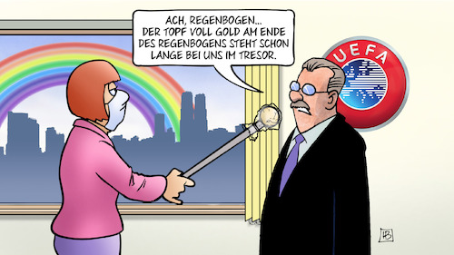 Cartoon: UEFA und Regenbogen (medium) by Harm Bengen tagged uefa,em,regenbogen,topf,gold,tresor,ungarn,homophobie,interview,corona,harm,bengen,cartoon,karikatur,uefa,em,regenbogen,topf,gold,tresor,ungarn,homophobie,interview,corona,harm,bengen,cartoon,karikatur