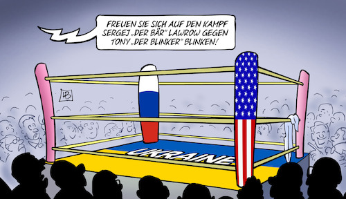 Cartoon: Ukraine-Boxen (medium) by Harm Bengen tagged ukraine,boxen,boxring,usa,russland,lawrow,blinken,harm,bengen,cartoon,karikatur,ukraine,boxen,boxring,usa,russland,lawrow,blinken,harm,bengen,cartoon,karikatur