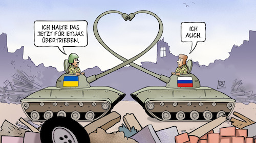 Cartoon: Ukraine-Waffenstillstand (medium) by Harm Bengen tagged waffenstillstand,panzer,soldaten,herz,deutschland,frankreich,ukraine,russland,donbass,krieg,putin,selenskyj,harm,bengen,cartoon,karikatur,waffenstillstand,panzer,soldaten,herz,deutschland,frankreich,ukraine,russland,donbass,krieg,putin,selenskyj,harm,bengen,cartoon,karikatur