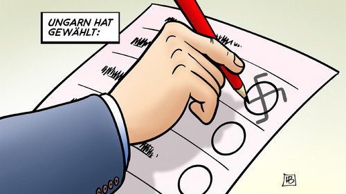 Cartoon: Ungarn-Wahl (medium) by Harm Bengen tagged karikatur,cartoon,bengen,harm,hakenkreuz,rechts,nationalismus,faschismus,jobbik,fidesz,orban,wahl,ungarn,ungarn,wahl,orban,fidesz,jobbik,faschismus,nationalismus,rechts,hakenkreuz,harm,bengen,cartoon,karikatur