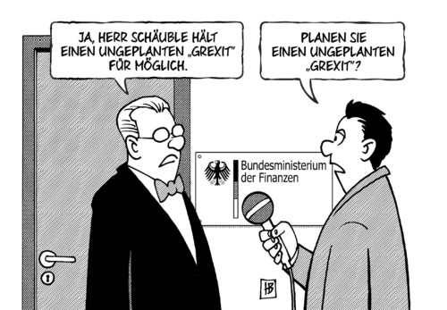 Cartoon: Ungeplanter Grexit (medium) by Harm Bengen tagged ungeplant,planung,bundesministerium,finanzen,grexit,schaeuble,finanzminister,schulden,deutschland,institutionen,hilfe,griechen,eurozone,ezb,iwf,troika,eu,euro,europa,griechenland,harm,bengen,cartoon,karikatur