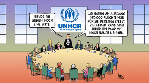 Cartoon: UNHCR-Konferenz (medium) by Harm Bengen tagged bitte,unhcr,genf,uno,konferenz,ausgang,flüchtlinge,verteilung,harm,bengen,cartoon,karikatur,bitte,unhcr,genf,uno,konferenz,ausgang,flüchtlinge,verteilung,harm,bengen,cartoon,karikatur
