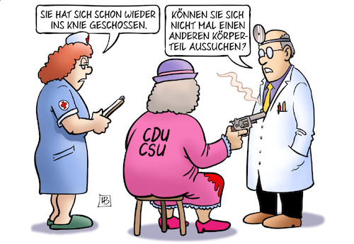 Cartoon: Union und Richterwahl (medium) by Harm Bengen tagged union,cdu,csu,pistole,arzt,krankenschwester,richterwahl,knieschuss,geschossen,brosius,gersdorf,harm,bengen,cartoon,karikatur,union,cdu,csu,pistole,arzt,krankenschwester,richterwahl,knieschuss,geschossen,brosius,gersdorf,harm,bengen,cartoon,karikatur