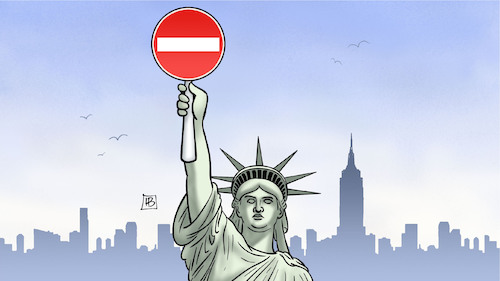 Cartoon: US-Einreisestopp (medium) by Harm Bengen tagged einreisestopp,muslime,diskriminierung,durchfahrt,verboten,verkehrsschild,freiheitsstatue,liberty,präsident,trump,usa,harm,bengen,cartoon,karikatur,einreisestopp,muslime,diskriminierung,durchfahrt,verboten,verkehrsschild,freiheitsstatue,liberty,präsident,trump,usa,harm,bengen,cartoon,karikatur