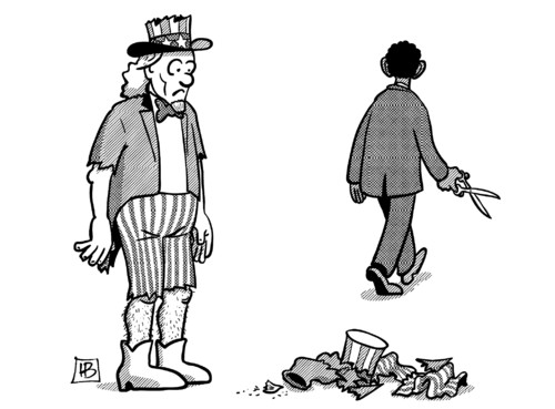 Cartoon: US-Etatkürzungen (medium) by Harm Bengen tagged usa,etat,etatkürzungen,haushalt,haushaltkürzungen,fiskalklippe,fiscalcliff,obama,demokraten,republikaner,streit,geld,uncle,sam,harm,bengen,cartoon,karikatur