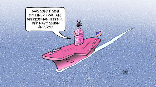 Cartoon: US-Navy-Chefin (medium) by Harm Bengen tagged frau,oberkommandierende,admiralin,navy,usa,flugzeugträger,rosa,pink,harm,bengen,cartoon,karikatur,frau,oberkommandierende,admiralin,navy,usa,flugzeugträger,rosa,pink,harm,bengen,cartoon,karikatur