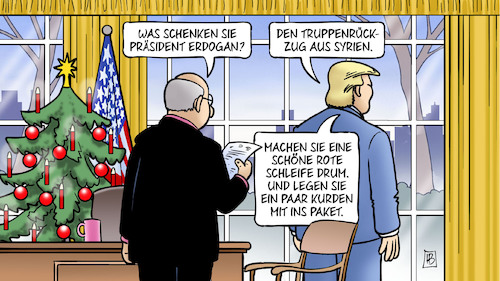 Cartoon: US-Rückzug Syrien (medium) by Harm Bengen tagged trump,präsident,erdogan,usa,türkei,truppenrückzug,syrien,krieg,is,islamischer,staat,terror,schleife,weihnachten,geschenk,kurden,paket,oval,office,harm,bengen,cartoon,karikatur,trump,präsident,erdogan,usa,türkei,truppenrückzug,syrien,krieg,is,islamischer,staat,terror,schleife,weihnachten,geschenk,kurden,paket,oval,office,harm,bengen,cartoon,karikatur