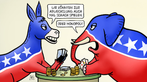 Cartoon: US-Schuldenstreit (medium) by Harm Bengen tagged schuldenstreit,schach,spielen,monopoly,pokern,kartenspielen,demokraten,republikaner,esel,elefant,usa,harm,bengen,cartoon,karikatur,schuldenstreit,schach,spielen,monopoly,pokern,kartenspielen,demokraten,republikaner,esel,elefant,usa,harm,bengen,cartoon,karikatur