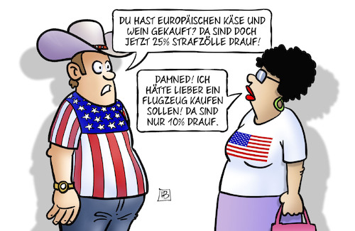 Cartoon: US-Strafzölle (medium) by Harm Bengen tagged usa,europa,zollstreit,eu,kaese,wein,strafzölle,flugzeug,harm,bengen,cartoon,karikatur,usa,europa,zollstreit,eu,kaese,wein,strafzölle,flugzeug,harm,bengen,cartoon,karikatur