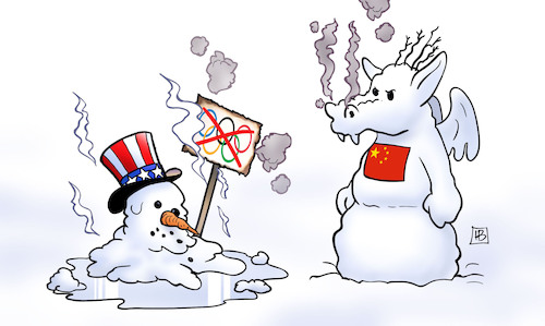 Cartoon: USA-Olympia-Boykott (medium) by Harm Bengen tagged usa,olympiade,olympia,boykott,china,schneemann,drache,schmelzen,harm,bengen,cartoon,karikatur,usa,olympiade,olympia,boykott,china,schneemann,drache,schmelzen,harm,bengen,cartoon,karikatur