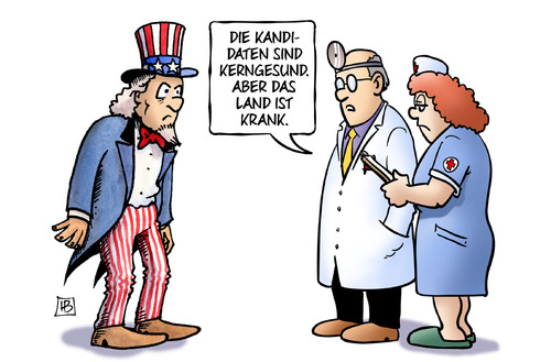 Cartoon: USA krank (medium) by Harm Bengen tagged kandidaten,kerngesund,land,uncle,sam,präsidentschaftswahlen,clinton,trump,usa,krank,arzt,krankenschwester,harm,bengen,cartoon,karikatur,kandidaten,kerngesund,land,uncle,sam,präsidentschaftswahlen,clinton,trump,usa,krank,arzt,krankenschwester,harm,bengen,cartoon,karikatur