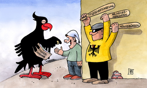 Cartoon: Vater Staat teilt aus (medium) by Harm Bengen tagged steuersenkung,abgabenerhöhung,pflegeversicherung,beiträge,müllgebühren,abwassergebühren,geschenk,raub,bundesadler,koalition,cdu,csu,fdp,bürger,steuersenkung,abgabenerhöhung,pflegeversicherung,beiträge,müllgebühren,abwassergebühren,geschenk,bundesadler,raub,koalition,cdu,csu,fdp,bürger,steuern,steuerzahler