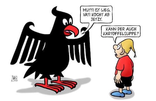 Cartoon: Vati kocht (medium) by Harm Bengen tagged mutti,weg,vati,kocht,kochen,kartoffelsuppe,adler,bundesadler,michel,kind,scholz,merkel,bundeskanzler,regierungswechsel,harm,bengen,cartoon,karikatur,mutti,weg,vati,kocht,kochen,kartoffelsuppe,adler,bundesadler,michel,kind,scholz,merkel,bundeskanzler,regierungswechsel,harm,bengen,cartoon,karikatur