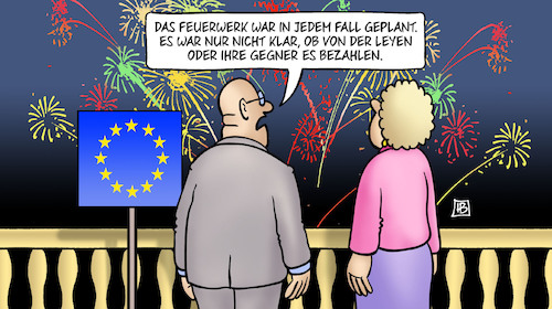 Cartoon: V.d.L.-Feuerwerk (medium) by Harm Bengen tagged feuerwerk,gegner,bezahlen,eu,europaparlament,kritiker,von,der,leyen,wählen,wahl,kommissionspräsidentin,harm,bengen,cartoon,karikatur,feuerwerk,gegner,bezahlen,eu,europaparlament,kritiker,von,der,leyen,wählen,wahl,kommissionspräsidentin,harm,bengen,cartoon,karikatur