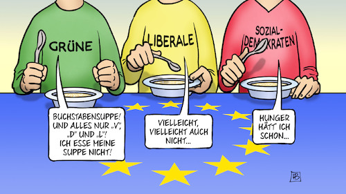 Cartoon: V.d.L.-Suppe (medium) by Harm Bengen tagged buchstabensuppe,suppenkasper,hunger,grüne,liberale,sozialdemokraten,von,der,leyen,vdl,kommissionspräsidentin,abstimmung,zustimmung,ablehnung,werbung,harm,bengen,cartoon,karikatur,buchstabensuppe,suppenkasper,hunger,grüne,liberale,sozialdemokraten,von,der,leyen,vdl,kommissionspräsidentin,abstimmung,zustimmung,ablehnung,werbung,harm,bengen,cartoon,karikatur