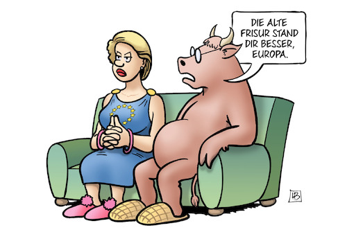 Cartoon: V.d.L. gewählt (medium) by Harm Bengen tagged frisur,frisörbesuch,europa,stier,wahl,europaparlament,von,der,leyen,wählen,kommissionspräsidentin,sofa,harm,bengen,cartoon,karikatur,frisur,frisörbesuch,europa,stier,wahl,europaparlament,von,der,leyen,wählen,kommissionspräsidentin,sofa,harm,bengen,cartoon,karikatur