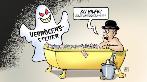 Cartoon: Vermögenssteuer (medium) by Harm Bengen tagged vermögenssteuer,neiddebatte,spd,linke,geld,kapitalist,badewanne,geist,gespenst,harm,bengen,cartoon,karikatur,vermögenssteuer,neiddebatte,spd,linke,geld,kapitalist,badewanne,geist,gespenst,harm,bengen,cartoon,karikatur