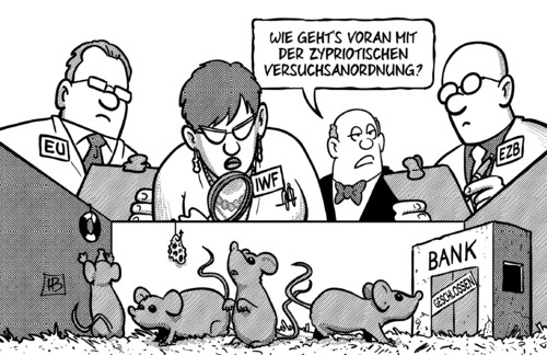 Cartoon: Versuchsanordnung (medium) by Harm Bengen tagged versuchsanordnung,maus,maeuse,russland,bank,anleger,zypern,eu,europa,kleinsparer,abgabe,raub,erpressung,kunde,hilfspaket,schulden,kredite,rettungsschirm,troika,ezb,iwf,harm,bengen,cartoon,karikatur