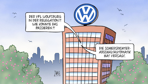 Cartoon: VfL-Relegation (medium) by Harm Bengen tagged vfl,wolfsburg,relegation,fussball,bundesliga,vw,schiedsrichter,abschaltautomatik,abgasskandal,harm,bengen,cartoon,karikatur,vfl,wolfsburg,relegation,fussball,bundesliga,vw,schiedsrichter,abschaltautomatik,abgasskandal,harm,bengen,cartoon,karikatur