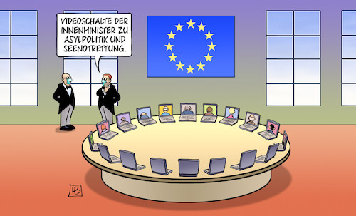 Cartoon: Videokonferenz Seenotrettung (medium) by Harm Bengen tagged videoschalte,innenminister,eu,europa,asylpolitik,seenotrettung,viedokonferenz,ruecken,butler,saaldiener,harm,bengen,cartoon,karikatur,videoschalte,innenminister,eu,europa,asylpolitik,seenotrettung,viedokonferenz,ruecken,butler,saaldiener,harm,bengen,cartoon,karikatur