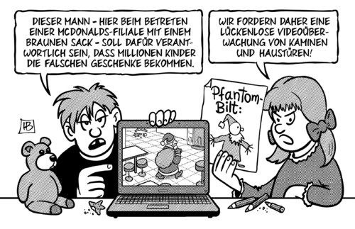 Cartoon: Videoüberwachung (medium) by Harm Bengen tagged videoüberwachung,bombe,alarm,bombenalarm,bonn,mcdonalds,phantombild,fahndung,weihnachten,weihnachtsmann,laptop,kinder,geschenke,buntstifte,harm,bengen,cartoon,karikatur