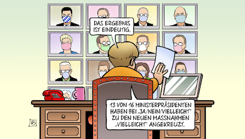 Cartoon: Vielleicht (medium) by Harm Bengen tagged ergebnis,eindeutig,ministerpräsidenten,multiple,choice,ja,nein,vielleicht,massnahmen,corona,bund,länder,merkel,videokonferenz,harm,bengen,cartoon,karikatur,ergebnis,eindeutig,ministerpräsidenten,multiple,choice,ja,nein,vielleicht,massnahmen,corona,bund,länder,merkel,videokonferenz,harm,bengen,cartoon,karikatur