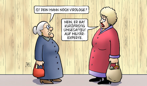 Cartoon: Virologe sattelt um (medium) by Harm Bengen tagged virologe,corona,umgesattelt,militärexperte,susemil,jutta,russland,ukraine,krieg,einmarsch,angriff,harm,bengen,cartoon,karikatur,virologe,corona,umgesattelt,militärexperte,susemil,jutta,russland,ukraine,krieg,einmarsch,angriff,harm,bengen,cartoon,karikatur