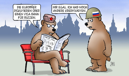 Cartoon: Visa-Bann (medium) by Harm Bengen tagged europa,visa,bann,russen,kreditkarten,bären,russland,ukraine,krieg,moskaus,kreml,einreise,zeitung,lesen,stahlhelm,harm,bengen,cartoon,karikatur,europa,visa,bann,russen,kreditkarten,bären,russland,ukraine,krieg,moskaus,kreml,einreise,zeitung,lesen,stahlhelm,harm,bengen,cartoon,karikatur