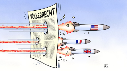 Cartoon: Völkerrecht (medium) by Harm Bengen tagged raketenangriff,syrien,usa,russland,frankreich,gb,uk,völkerrechtsbruch,krieg,giftgas,harm,bengen,cartoon,karikatur,raketenangriff,syrien,usa,russland,frankreich,gb,uk,völkerrechtsbruch,krieg,giftgas,harm,bengen,cartoon,karikatur