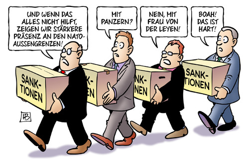 Cartoon: Von der Leyen-Präsenz (medium) by Harm Bengen tagged nato,aussengrenzen,präsenz,von,der,leyen,verteigungsministerin,bundesregierung,drohung,panzer,krieg,krim,autonomie,referendum,sanktionen,armee,soldaten,umsturz,maidan,ukraine,eu,russland,putin,europa,aufstand,proteste,putsch,revolte,janukowitsch,kiew,harm,bengen,cartoon,karikatur,nato,aussengrenzen,präsenz,von,der,leyen,verteigungsministerin,bundesregierung,drohung,panzer,krieg,krim,autonomie,referendum,sanktionen,armee,soldaten,umsturz,maidan,ukraine,eu,russland,putin,europa,aufstand,proteste,putsch,revolte,janukowitsch,kiew,harm,bengen,cartoon,karikatur