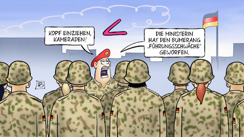 Cartoon: Von der Leyen-Schelte (medium) by Harm Bengen tagged von,der,leyen,schelte,kritik,verteidigungsministerin,bumerang,führungsschwäche,bundeswehr,soldaten,harm,bengen,cartoon,karikatur,von,der,leyen,schelte,kritik,verteidigungsministerin,bumerang,führungsschwäche,bundeswehr,soldaten,harm,bengen,cartoon,karikatur