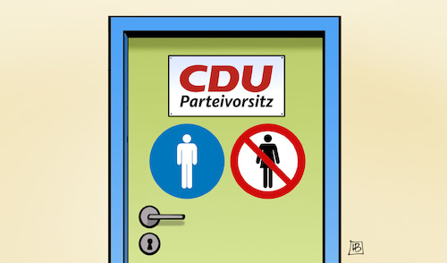 Cartoon: Vorsitz männlich (medium) by Harm Bengen tagged cdu,parteivorsitz,männlich,mann,frau,verbot,gebot,tuer,harm,bengen,cartoon,karikatur,cdu,parteivorsitz,männlich,mann,frau,verbot,gebot,tuer,harm,bengen,cartoon,karikatur