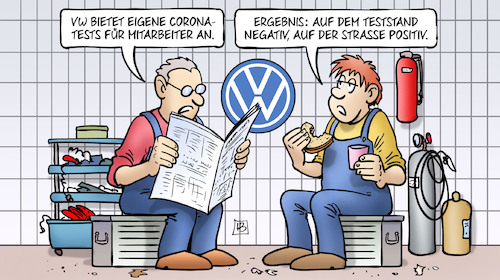 Cartoon: VW-Corona-Tests (medium) by Harm Bengen tagged vw,eigene,corona,tests,mitarbeiter,ergebnis,teststand,negativ,positiv,arbeiter,pause,abgasskandal,betrug,dieselskandal,harm,bengen,cartoon,karikatur,vw,eigene,corona,tests,mitarbeiter,ergebnis,teststand,negativ,positiv,arbeiter,pause,abgasskandal,betrug,dieselskandal,harm,bengen,cartoon,karikatur