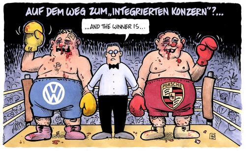 Cartoon: VW-Porsche-Fight (medium) by Harm Bengen tagged vw,porsche,machtkampf,piech,hück,betriebsrat,übernahme,aktien,katar,vw,machtkampf,piech,hück,betriebsrat,übernahme,aktien,katar