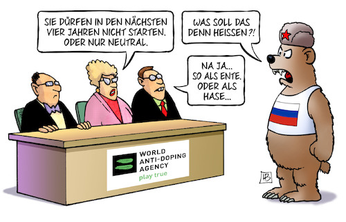 Cartoon: WADA sperrt Russland (medium) by Harm Bengen tagged wada,sperre,russland,neutral,starten,sport,doping,bär,hase,ente,harm,bengen,cartoon,karikatur,wada,sperre,russland,neutral,starten,sport,doping,bär,hase,ente,harm,bengen,cartoon,karikatur