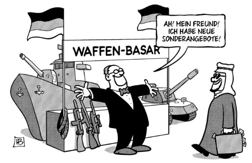 Cartoon: Waffen-Basar (medium) by Harm Bengen tagged sonderangebote,waffen,basar,saudiarabien,saudi,arabien,rüstungsexporte,waffenexporte,deutschland,panzer,gewehre,patrouillenboote,harm,bengen,cartoon,karikatur