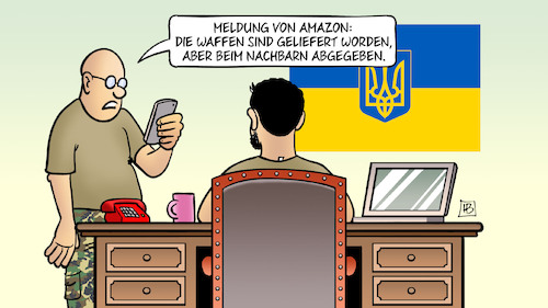 Cartoon: Waffen geliefert aber... (medium) by Harm Bengen tagged amazon,waffen,geliefert,nachbarn,abgegeben,handy,selenskyj,schreibtisch,russland,ukraine,krieg,harm,bengen,cartoon,karikatur,amazon,waffen,geliefert,nachbarn,abgegeben,handy,selenskyj,schreibtisch,russland,ukraine,krieg,harm,bengen,cartoon,karikatur