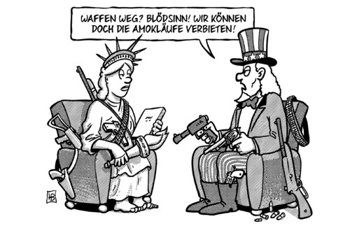 Cartoon: Waffenrecht USA (medium) by Harm Bengen tagged waffenrecht,usa,amok,amoklauf,amokläufe,handfeuerwaffen,gewehre,pistolen,revolver,uncle,sam,liberty,freiheitsstatue,verbot,harm,bengen,cartoon,karikatur