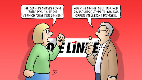 Cartoon: Wahlrechtsreform und Linke (medium) by Harm Bengen tagged wahlrechtsreform,vernichtung,linke,partei,csu,opfer,grundmandatsklausel,bundestag,verkleinerung,harm,bengen,cartoon,karikatur,wahlrechtsreform,vernichtung,linke,partei,csu,opfer,grundmandatsklausel,bundestag,verkleinerung,harm,bengen,cartoon,karikatur