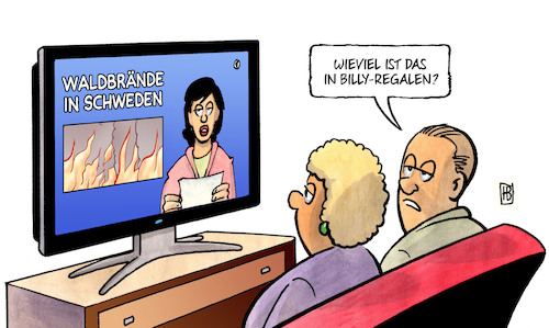 Cartoon: Waldbrände Schweden (medium) by Harm Bengen tagged waldbrand,waldbrände,schweden,billy,regale,holz,tv,nachrichten,harm,bengen,cartoon,karikatur