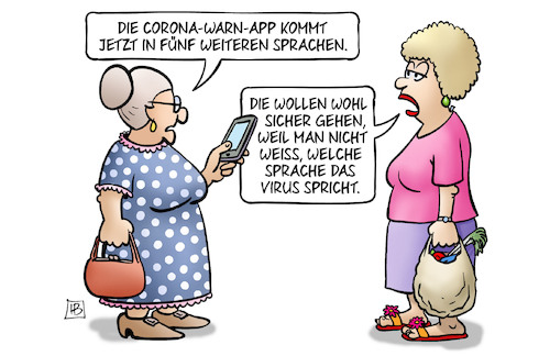 Cartoon: Warn-App-Sprachen (medium) by Harm Bengen tagged corona,warn,app,sprachen,virus,handy,susemil,harm,bengen,cartoon,karikatur,corona,warn,app,sprachen,virus,handy,susemil,harm,bengen,cartoon,karikatur