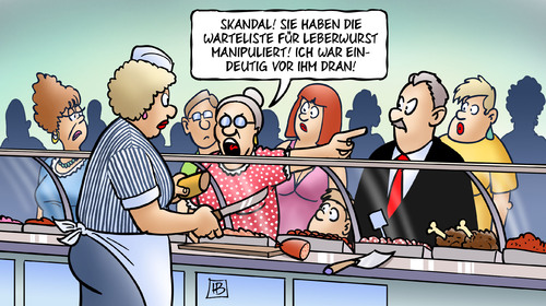 Cartoon: Warteliste (medium) by Harm Bengen tagged warteliste,leberwurst,manipuliert,organspender,gesundheitswesen,krankenhaus,operation,organtransplantation,organhandel,arzt,skandal,fleisch,fleischereifachverkäuferin,wurst,kunden,vordrängeln,warteliste,leberwurst,manipuliert,organspender,krankenhaus,operation,organtransplantation,organhandel