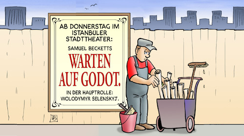 Cartoon: Warten auf Godot in Istanbul (medium) by Harm Bengen tagged istanbuler,stadttheater,türkei,samuel,beckett,warten,auf,godot,selenskyj,putin,plakatkleber,ukraine,russland,krieg,frieden,harm,bengen,cartoon,karikatur,istanbuler,stadttheater,türkei,samuel,beckett,warten,auf,godot,selenskyj,putin,plakatkleber,ukraine,russland,krieg,frieden,harm,bengen,cartoon,karikatur