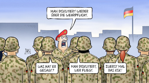 Cartoon: Wehrpflicht-Diskussion (medium) by Harm Bengen tagged wehrpflicht,diskussion,ksk,bundeswehr,soldaten,rechtsextremismus,harm,bengen,cartoon,karikatur,wehrpflicht,diskussion,ksk,bundeswehr,soldaten,rechtsextremismus,harm,bengen,cartoon,karikatur