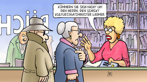 Cartoon: Weimers Leute (medium) by Harm Bengen tagged buchladen,buchhandlung,kulturstaatsminister,weimer,eklat,buchhandlungspreis,spitzel,spion,verfassungsschutz,susemil,harm,bengen,cartoon,karikatur,buchladen,buchhandlung,kulturstaatsminister,weimer,eklat,buchhandlungspreis,spitzel,spion,verfassungsschutz,susemil,harm,bengen,cartoon,karikatur