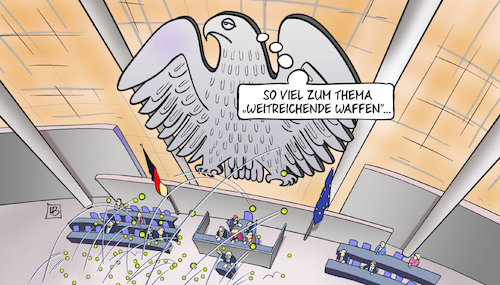 Cartoon: Weitreichende Waffen (medium) by Harm Bengen tagged tennisbälle,fussball,protest,bundesadler,adler,weitreichende,waffen,bundestag,taurus,deutschland,ukraine,waffenlieferungen,krieg,russland,harm,bengen,cartoon,karikatur,tennisbälle,fussball,protest,bundesadler,adler,weitreichende,waffen,bundestag,taurus,deutschland,ukraine,waffenlieferungen,krieg,russland,harm,bengen,cartoon,karikatur